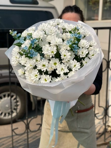 АКЦИЯ. Букет из 9 кустовых ромашковых хризантем и незабудок 
