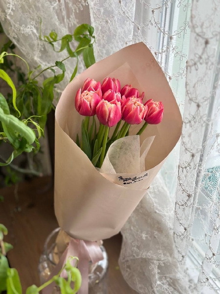 Букет из 9 малиновых пионовидных тюльпанов в оформлении