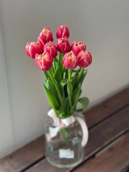 Букет из 9 малиновых пионовидных тюльпанов под ленту