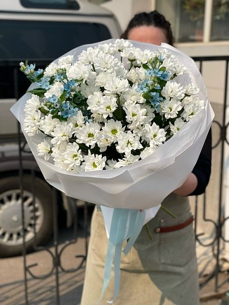Букет из 9 кустовых ромашковых хризантем и незабудок 