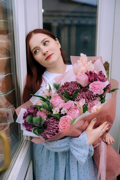 Букет с хризантемами Бигуди "От чистого сердца" 