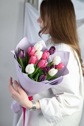 Букет из 15 классических белых, розовых и фиолетовых тюльпанов