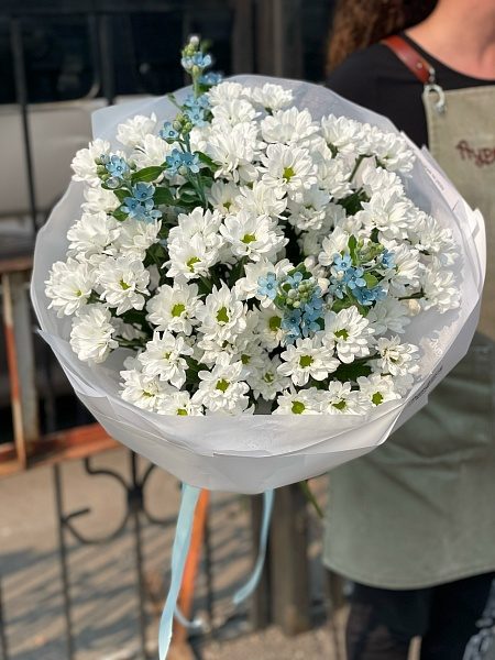 Букет из 9 кустовых ромашковых хризантем и незабудок 