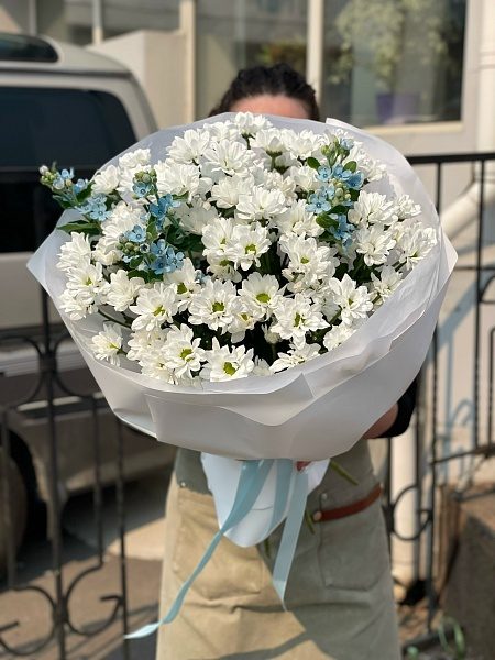 Букет из 9 кустовых ромашковых хризантем и незабудок 